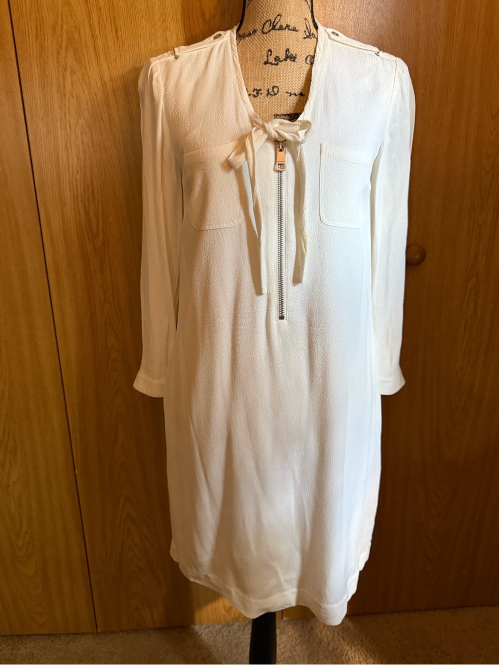 Burberry Cream Long-Sleeve Tie-Front Zip Shift Dress